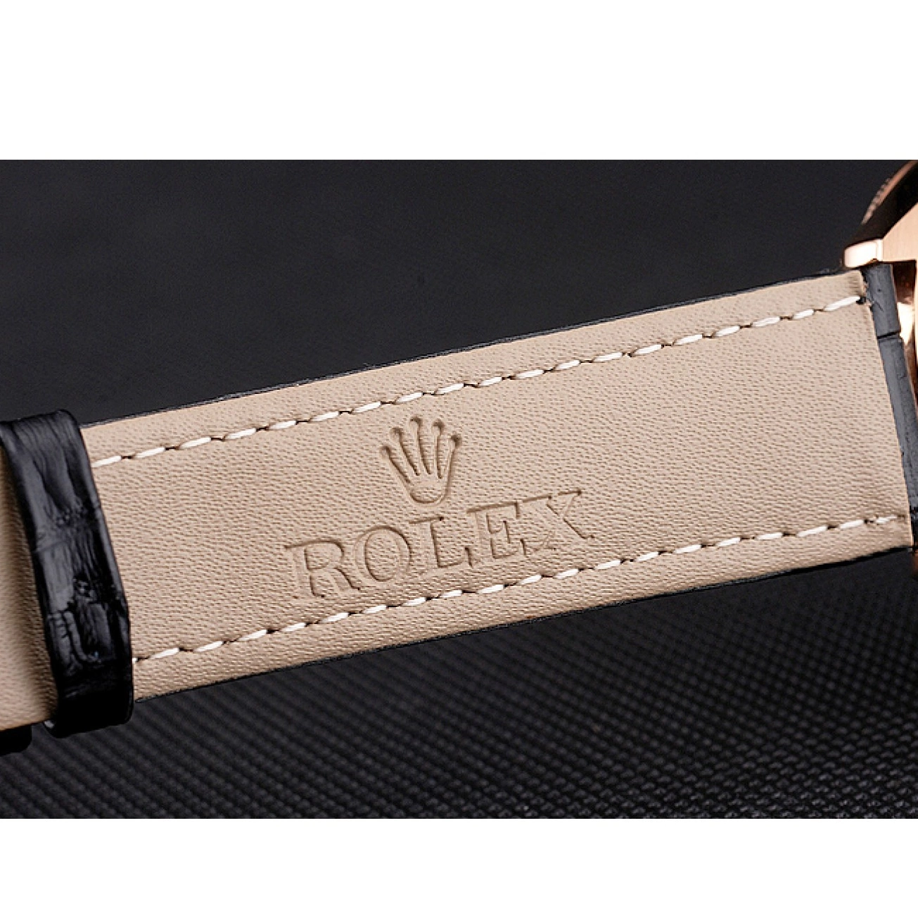 Aaa fake watches Black Datejust Gold Strap Swiss Rose Dial Leather Rolex Case White 0728